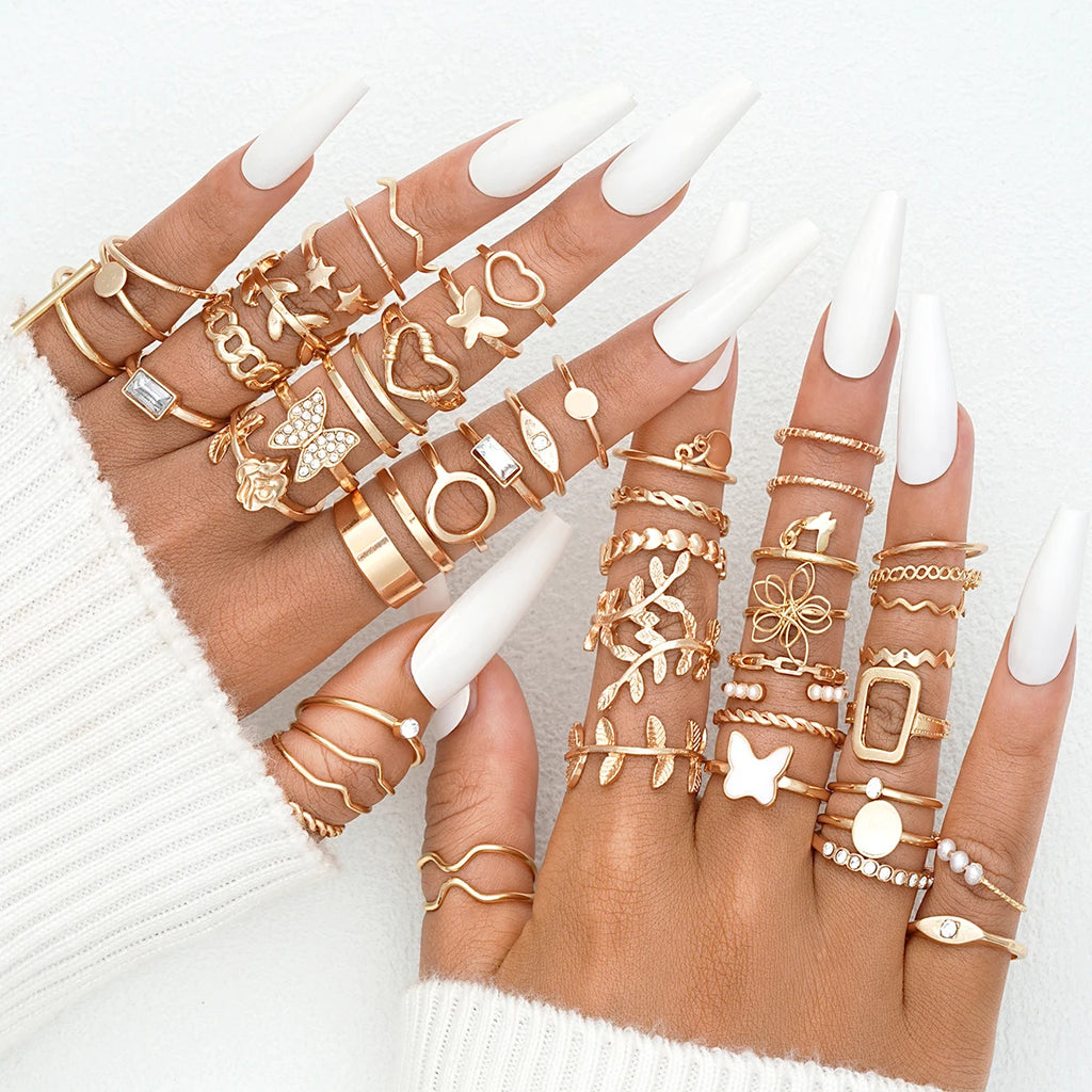 58PCS Vintage Heart Snake Butterfly Rings Set for Women Fashion Metal Gold Plated Geometric Hollow Finger Ring Jewelry Gifts New