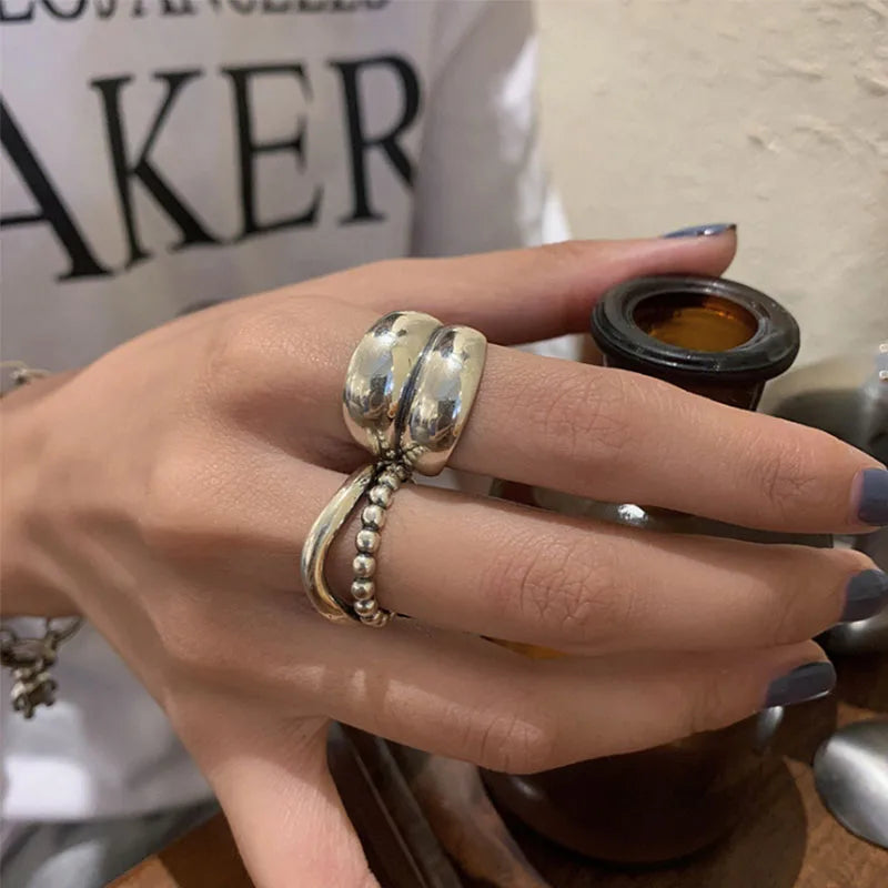 925 Sterling Silver Ring New Thick Simple Wave Thai Solid Double-layer Rings Trendy Couple Women Gift Dropship